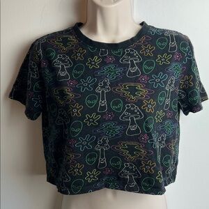 Colorful Psychedelic Aliens and Mushrooms Crop Top